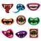 Set Monsters mouths creepy and scary. Funny jaws teeths tongue creatures expression monster horror saliva slime. Vector