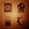 Set Moon and stars, Ancient magic book, Magician hat and rabbit ears and Magic ball on wooden background