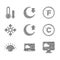 Set Moon, Weather forecast, Celsius, Sunrise, Snowflake, Fahrenheit and Meteorology thermometer icon. Vector