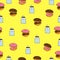 Set of morning breakfast. milk bottle with straw and donut illustration. strawberry and chocolate flavors. hand drawn vector, seam
