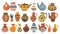 A set of Moroccan ceramic pots, vessels, earthenware, vases in the Moroccan style. Flat modern illustrations isolated on