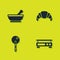 Set Mortar and pestle, Electronic scales, Lollipop and Croissant icon. Vector