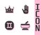 Set Mortar and pestle, King crown, Gemini zodiac and Hamsa hand icon. Vector