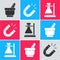 Set Mortar and pestle, Magnet and Test tube flask on stand icon. Vector
