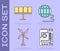 Set Motherboard, Solar energy panel, Wind turbine and Social network icon. Vector