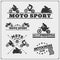 Set of motor sport silhouettes, labels and emblems. Motocross jumping riders, moto trial, moto freestyle and motor racing.