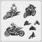 Set of motor sport silhouettes, labels and emblems. Motocross jumping riders, moto trial, moto freestyle and motor racing.