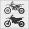Set of motorcycles. Motocross, motofreestyle, mototrial. Emblems of bikers club. Monochrome design.