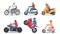 Set of Motorcyclist Riders Wear Helmets Driving Motor Bikes, Biker Characters Riding Motorcycle or Scooter Isolated on