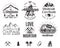 Set of mountain climbing labels, mountains expedition emblems, vintage hiking silhouettes logos and design elements