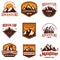 Set of mountain emblems. Hiking, tourism, extreme expedition. Design element for logo, label, sign, poster, card, t shirt.