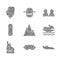 Set Mountains, Ski goggles, Formula 1 racing car, Jet ski, Skates, Skateboard trick, Snowboard and Boxing glove icon