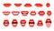 Set of mouth expressions on woman face. Closed and open mouth. Red lips, a smile, shiny teeth, protruding tongue. Communication,