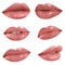 Set of mouths with beautiful makeup on background. Glossy pink lipstick