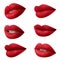 Set of mouths with beautiful makeup on background. Matte red lipstick