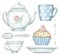 Set with mug, cup, teaspoon, teapot, plate and cupcake