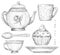 Set with mug, cup, teaspoon, teapot, plate and cupcake