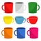 A set of mugs of different colors and shapes. Vector illustration on a white isolated background