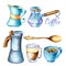 Set of mugs, moka pot, jezve, milk holder and spoon in blue, gold and violet colors