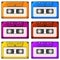 Set of multi-colored audio cassette icons. Isolated vector illustration on white background.