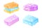 Set of multi-colored bars of handmade natural hand soap with foam and bubbles. Vector cartoon illustrations of organic