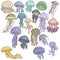 Set of multi-colored jellyfish of various shapes and types, stylized image of underwater inhabitants in pastel colors