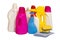 Set of multi-colored plastic containers for household chemicals, cleaning products for home use. Isolated, white background.