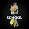 A set of multi-colored school supplies. Ready design `Back to school.` Vector illustration with pencils, pen and brushes for drawi
