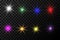 Set of multi-colored stars, vector flashes with light on a transparent background.