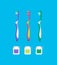 Set of multi-colored toothbrushes and dental floss.