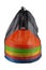 Set of multi-colored traffic cones in a mesh bag, on white background