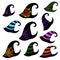 A set of multi-colored witch hats with different patterns. Witch hats with stripes of green, pink, orange, purple.