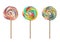 Set multicolor lollipop on a stick, vector drawing, painted candy, cartoon animation illustration. Isolated on white background