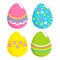 Set of multicolored colorful cute easter eggs in yellow, pink, blue and green.