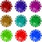 A set of multicolored coronavirus molecules on a white background. Abstract image. Isolated objects.
