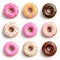 set of multicolored donuts on white background generative AI