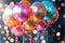 Set of multicolored metallic glossy colors balloons with strings with sparkles on the background. For birthdays, parties