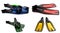 Set of multicolored swim fins, mask and snorkel for diving