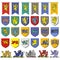 set of multicolored vintage heraldic emblems with lions flags and shields