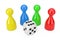 Set of Multicolour Board Game Pawn Figures Mockup with White Game Dice Cube. 3d Rendering