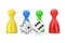 Set of Multicolour Board Game Pawn Figures Mockup with White Game Dice Cubes. 3d Rendering