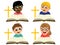 Set of multicultural happy kids reading religion book next to christian cross symbol  on white