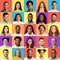 Set Of Multiethnic Faces In Square Collage, Colorful Backgrounds