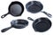 Set of multiple different of empty cast iron pan isolated on a white background
