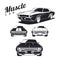 Set of muscle car icons and emblems on white background.