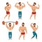 Set of muscular, bearded mans vector illustration. Fitness models, posing, bodybuilding