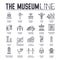 Set of museum building and objects thin line icons.