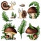 Set mushroom edible porcini and surprised snail sketch black outline different elements isolated