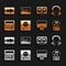 Set Music player, Headphones, note, tone, wave equalizer, Drum machine, DJ remote and mixing music, and icon. Vector