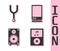 Set Music player, Musical tuning fork, Stereo speaker and Voice assistant icon. Vector